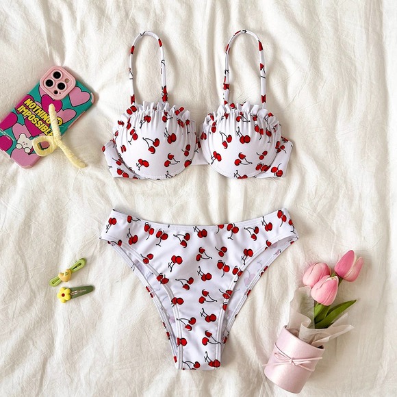 Women Swimsuits 2Pcs Bikini Bathing Suit Cherry Print Beach Swimwear - Picture 5 of 6